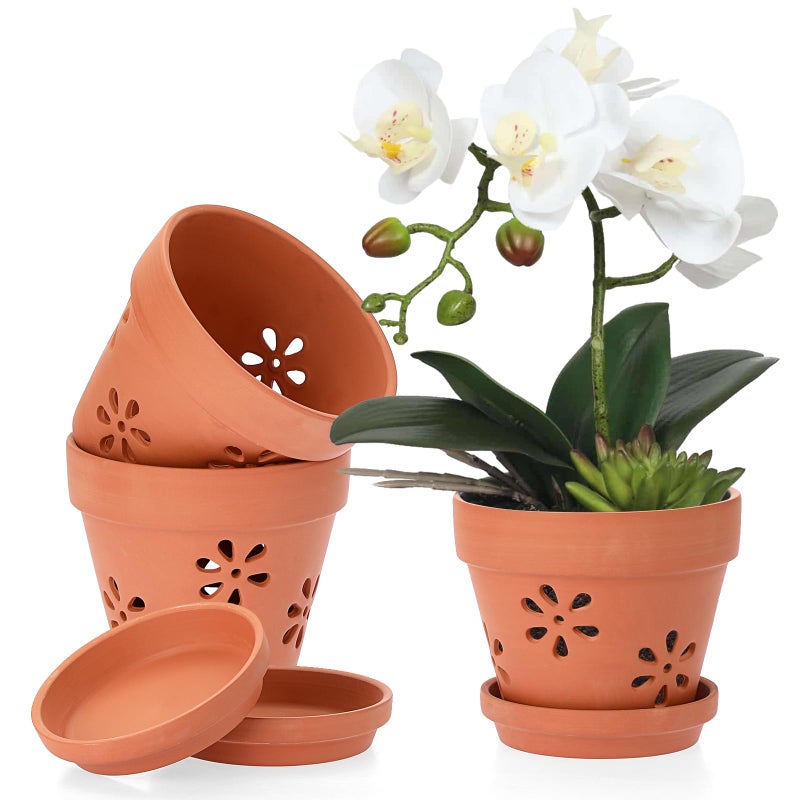 JUXYES Pack of 3 Small Terracotta Orchid Pot with Holes and Saucers, 6 Inches Clay Orchid Planter Pots for Repotting, Plant Flower Pots for Orchid Indoor and Outdoor Promotes Air Circulation - Image 1